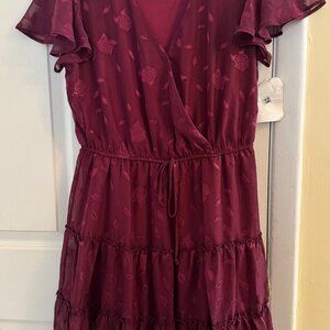 CITY STUDIO Junior Sheer Burgundy Tie Tiered Short Sleeve Dress